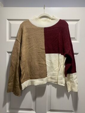 Blu Pepper Colorblock Turtleneck Sweater - Burgundy, Cream & Tan